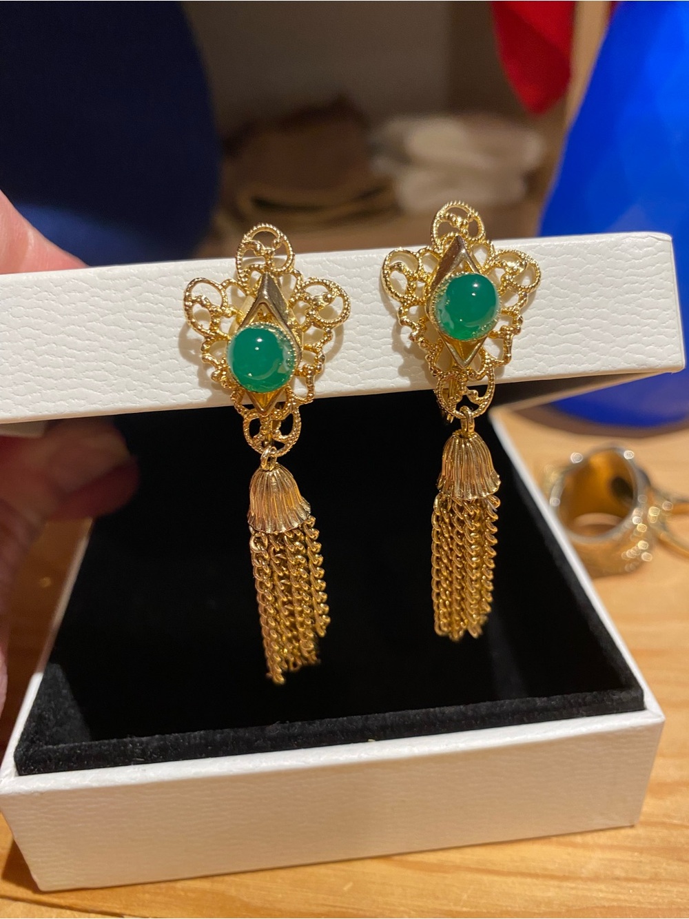 Gold Filigree Tassel Drop Earrings with Green Stone